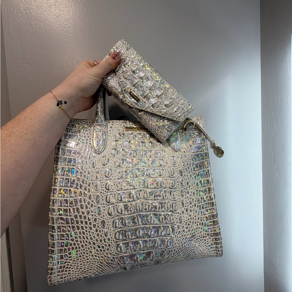 Brahmin Caroline and Veronica Wallet Iridescent Silver Crocodile Embossed Tote